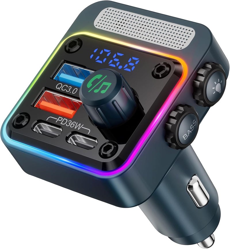 nulaxy 54W Bluetooth 5.3 Car Adapter with 4 Charging Ports [PD 36W & QC3.0 18W], Wireless Radio FM Transmitter with Deep Bass Player & 5 Colors LED Backlit, Hands-Free Calling - Blue - Image 1